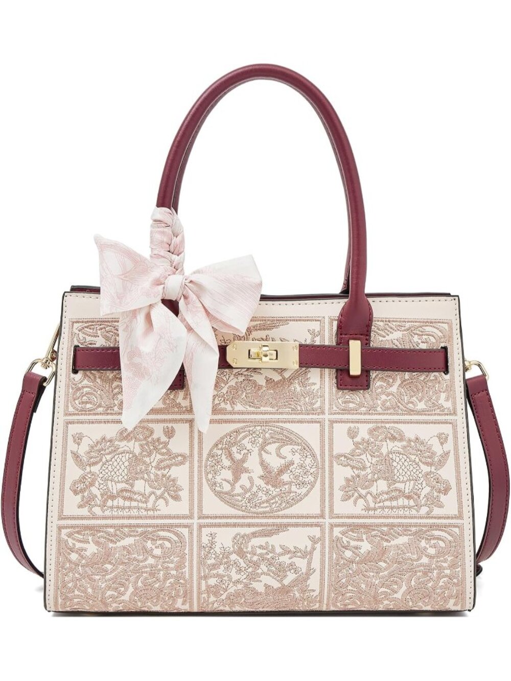 Women's Beige Vintage Embroidered Top-Handle Retro Satchel Crossbody Handbag